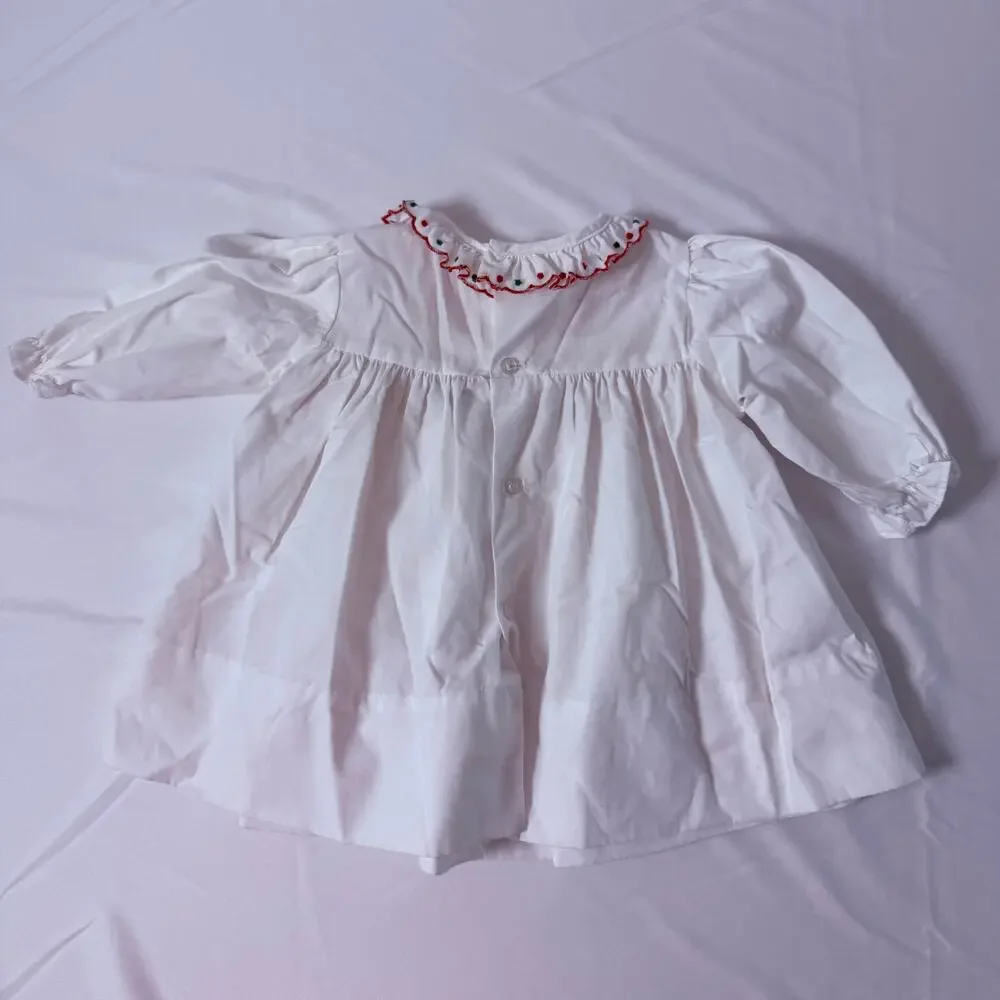 Vintage 80s Holiday Smocked Embroidered Peter Pan Collar White Christmas Dress
